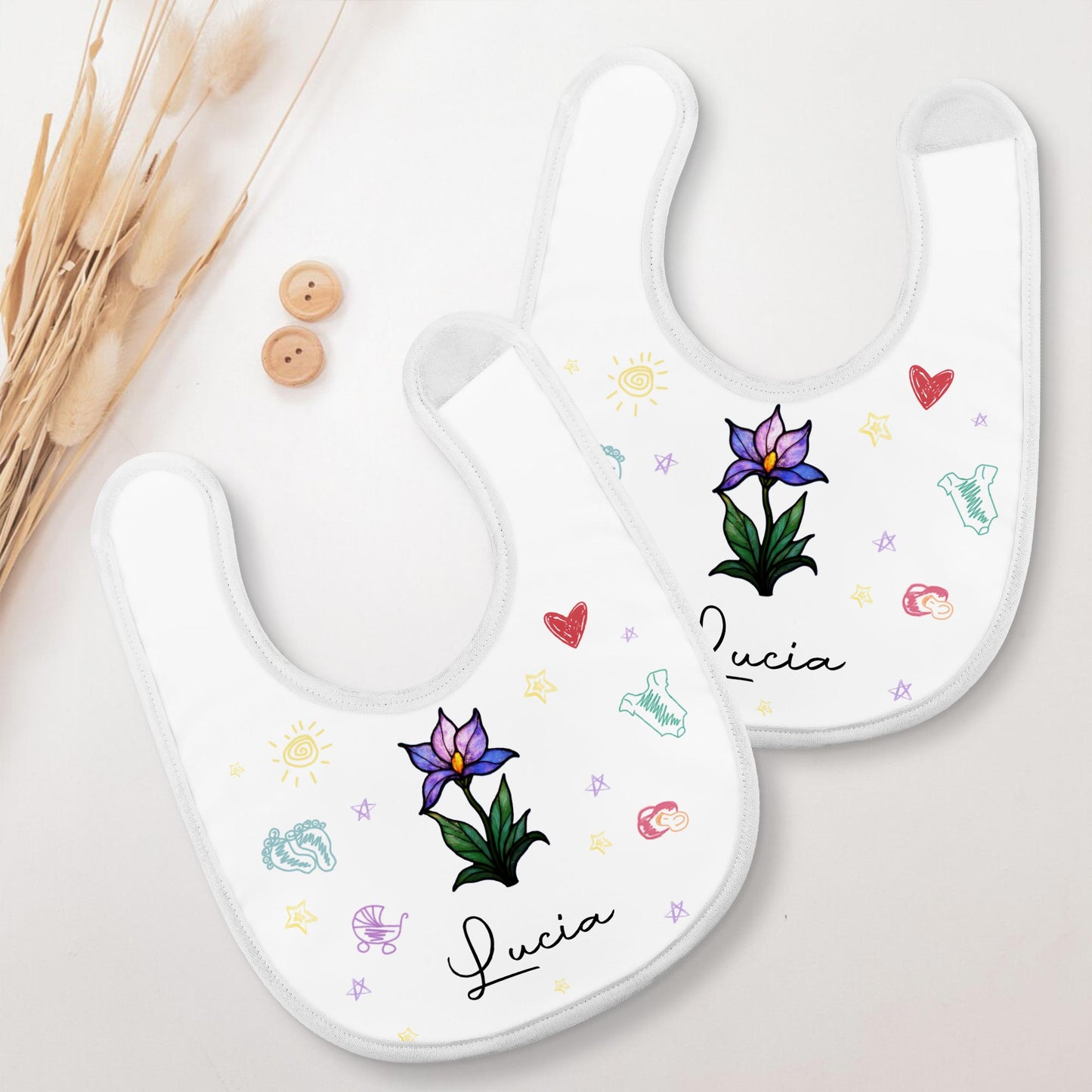 Beautiful Personalized Baby Bib Featuring Colorful Symbols
