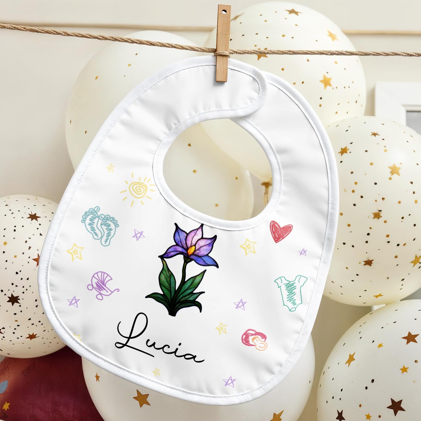 Beautiful Personalized Baby Bib Featuring Colorful Symbols