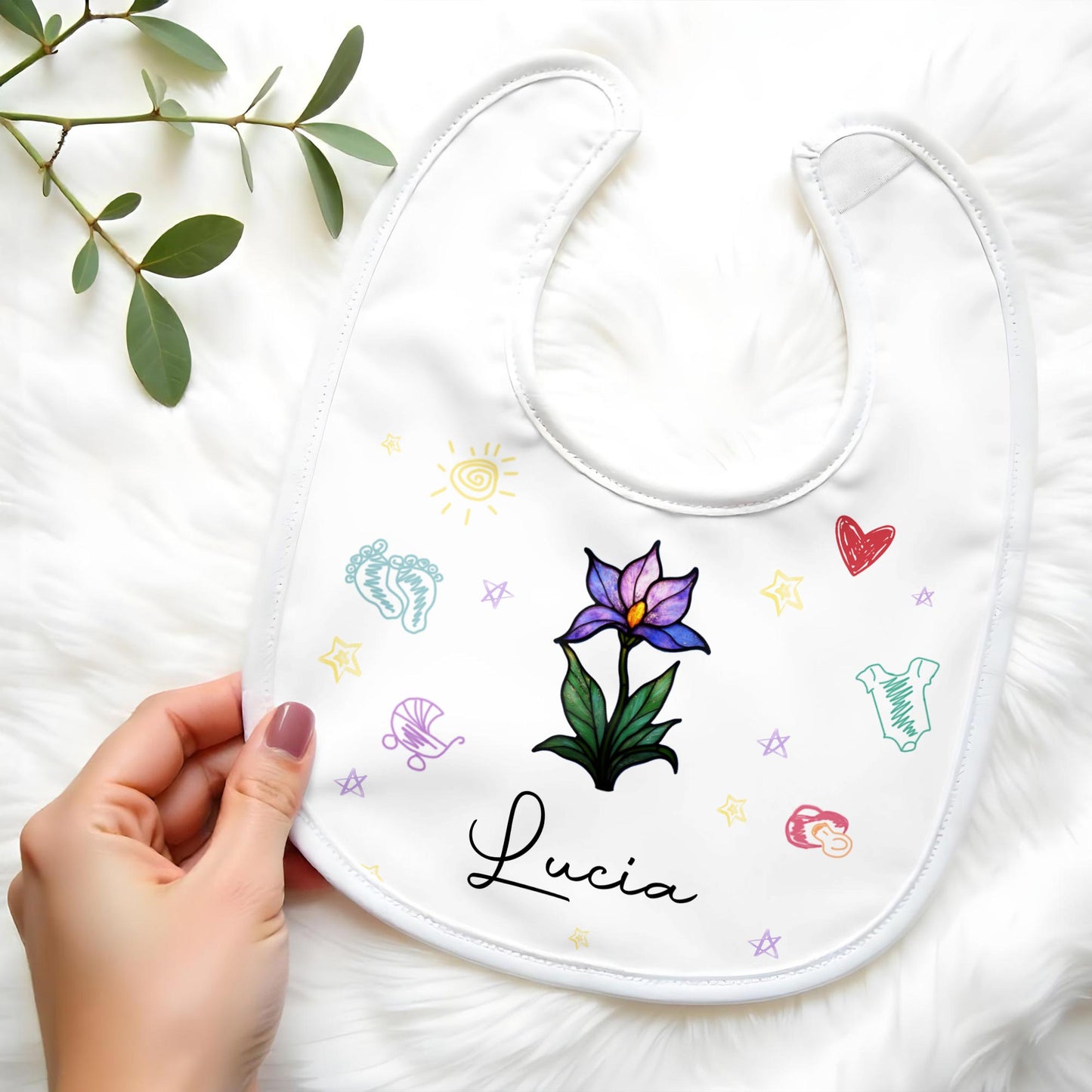 Beautiful Personalized Baby Bib Featuring Colorful Symbols