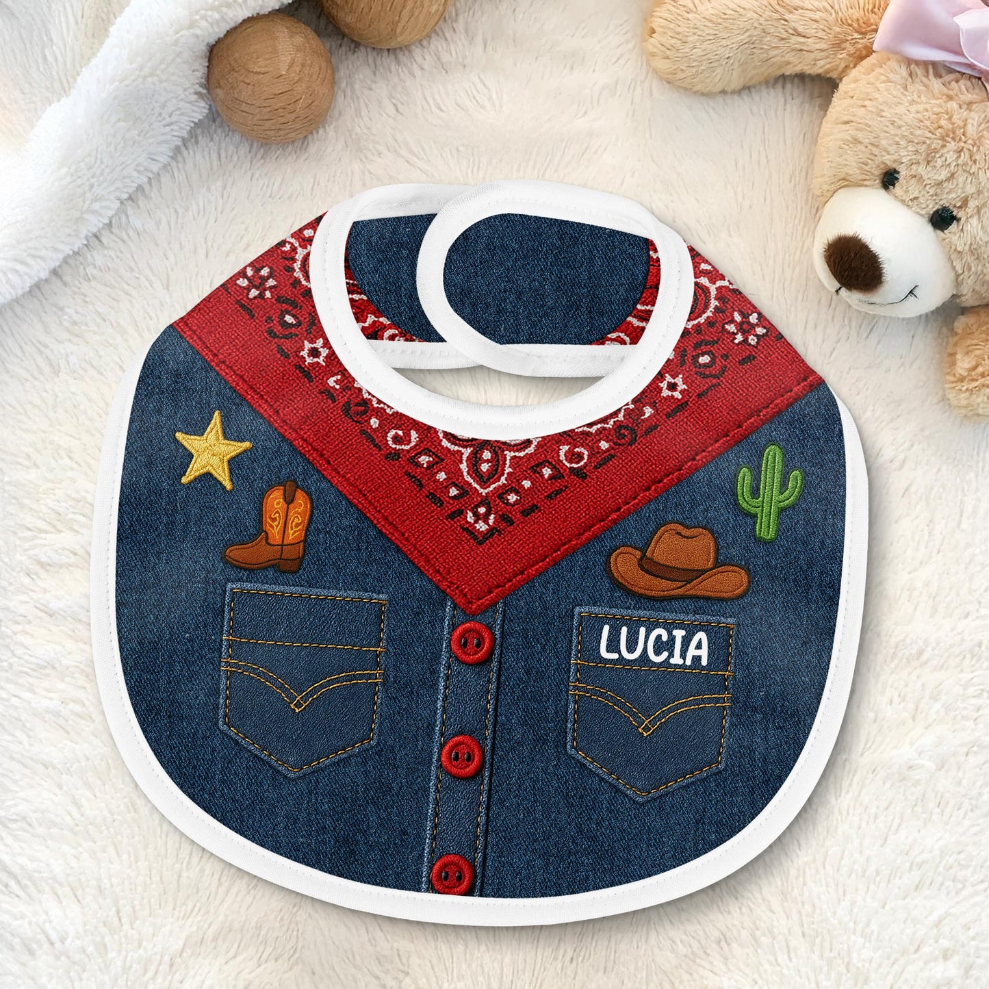 Vibrant Western-Themed Baby Bib, Bandana Print, Cactus, and Cowboy Hat