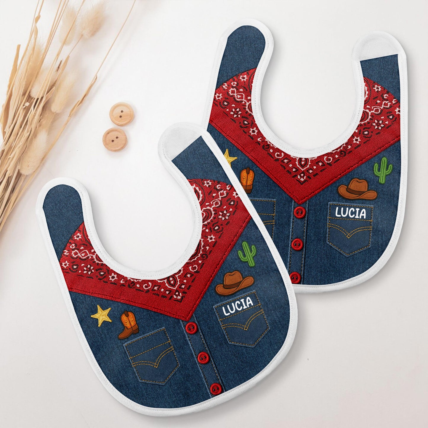 Vibrant Western-Themed Baby Bib, Bandana Print, Cactus, and Cowboy Hat