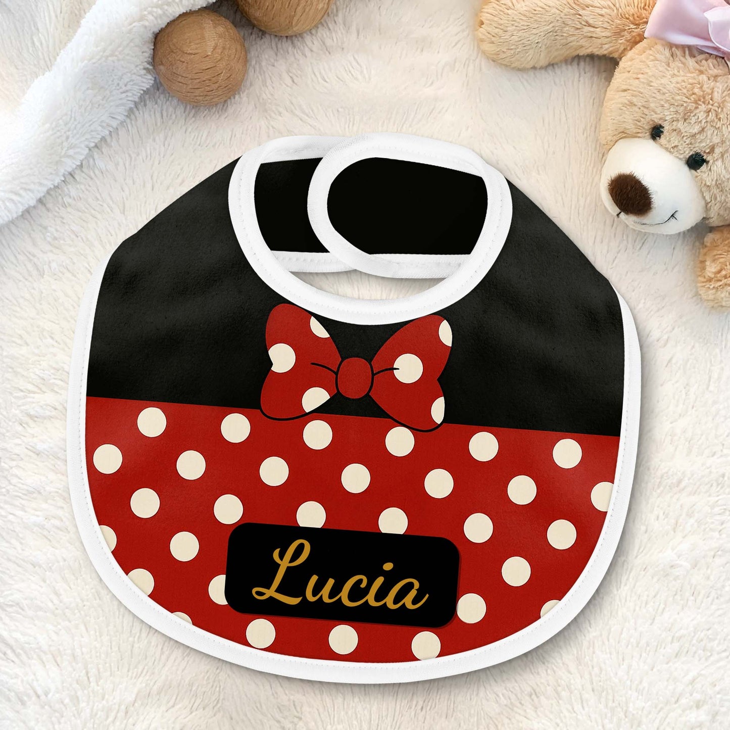 Red And Black Polka Dot Baby Bib With Bow Design