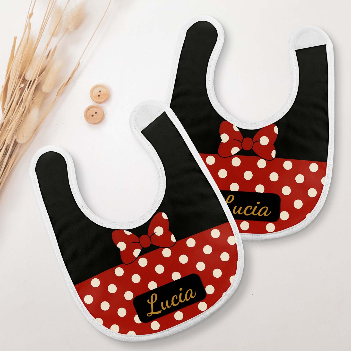 Red And Black Polka Dot Baby Bib With Bow Design