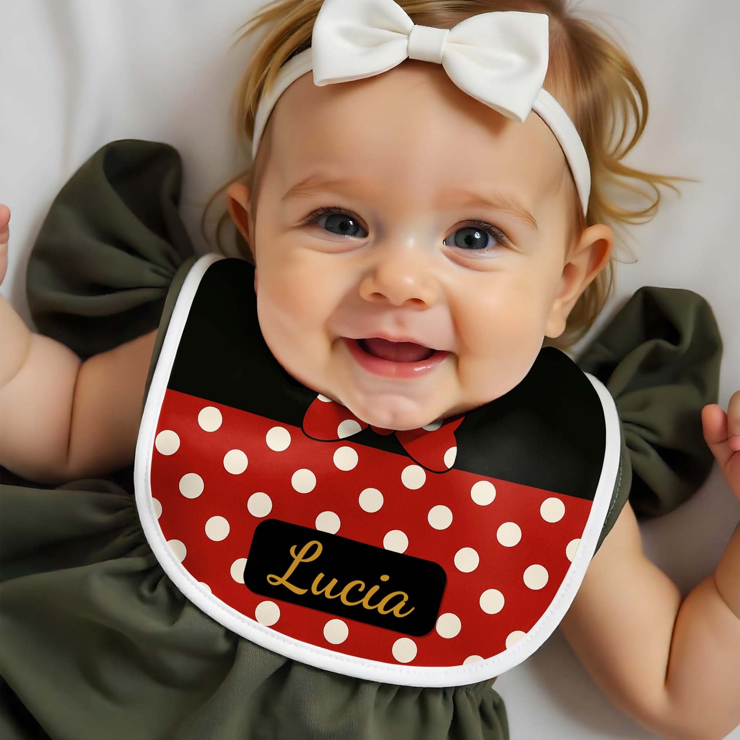 Red And Black Polka Dot Baby Bib With Bow Design
