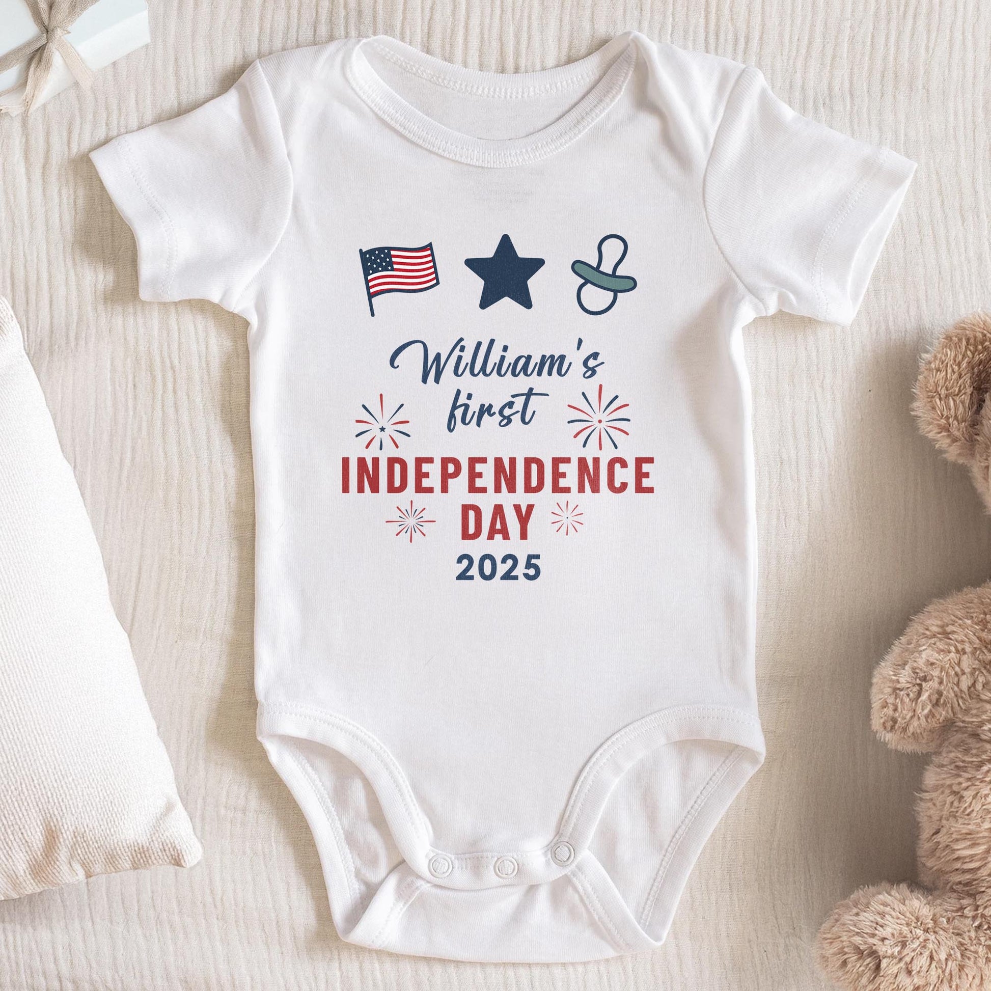 William's First Independence Day, American Flag And Fireworks