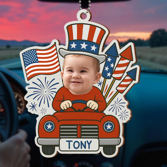 Customizable Ornament With Baby, Flags, And Fireworks