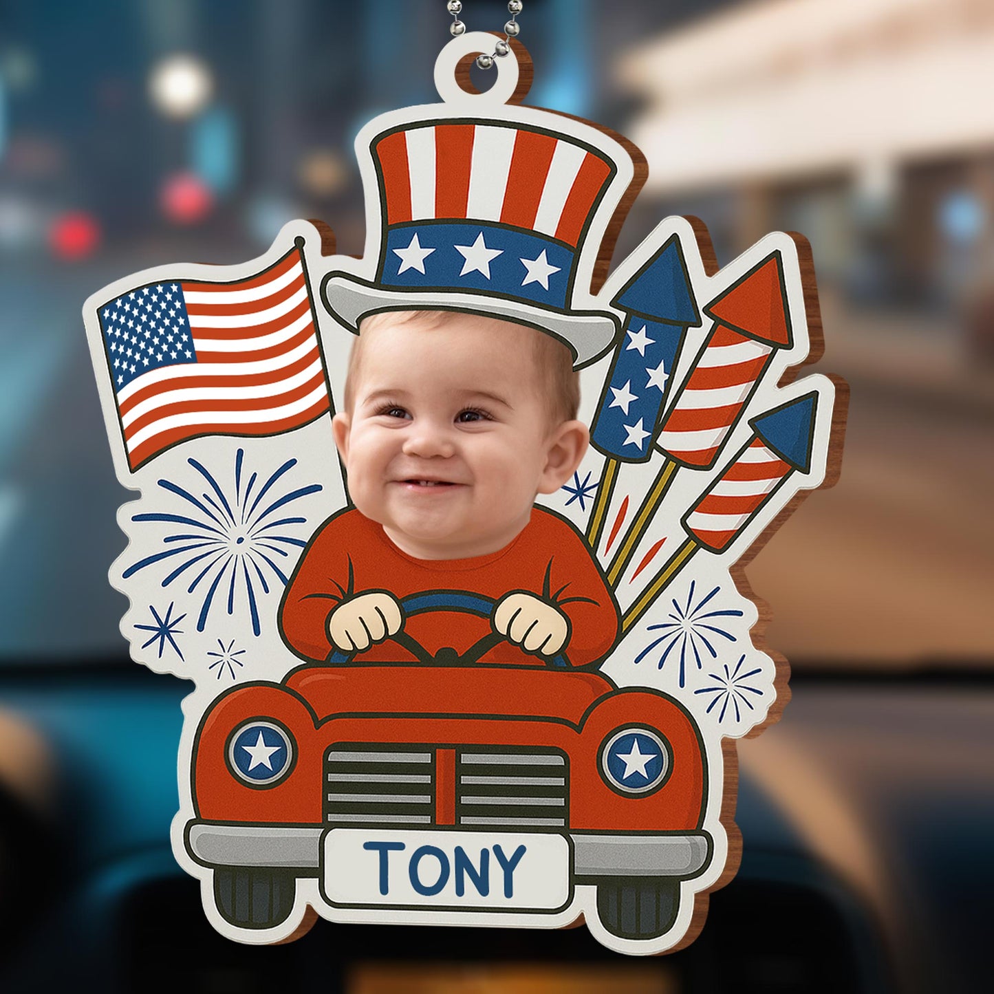 Customizable Ornament With Baby, Flags, And Fireworks