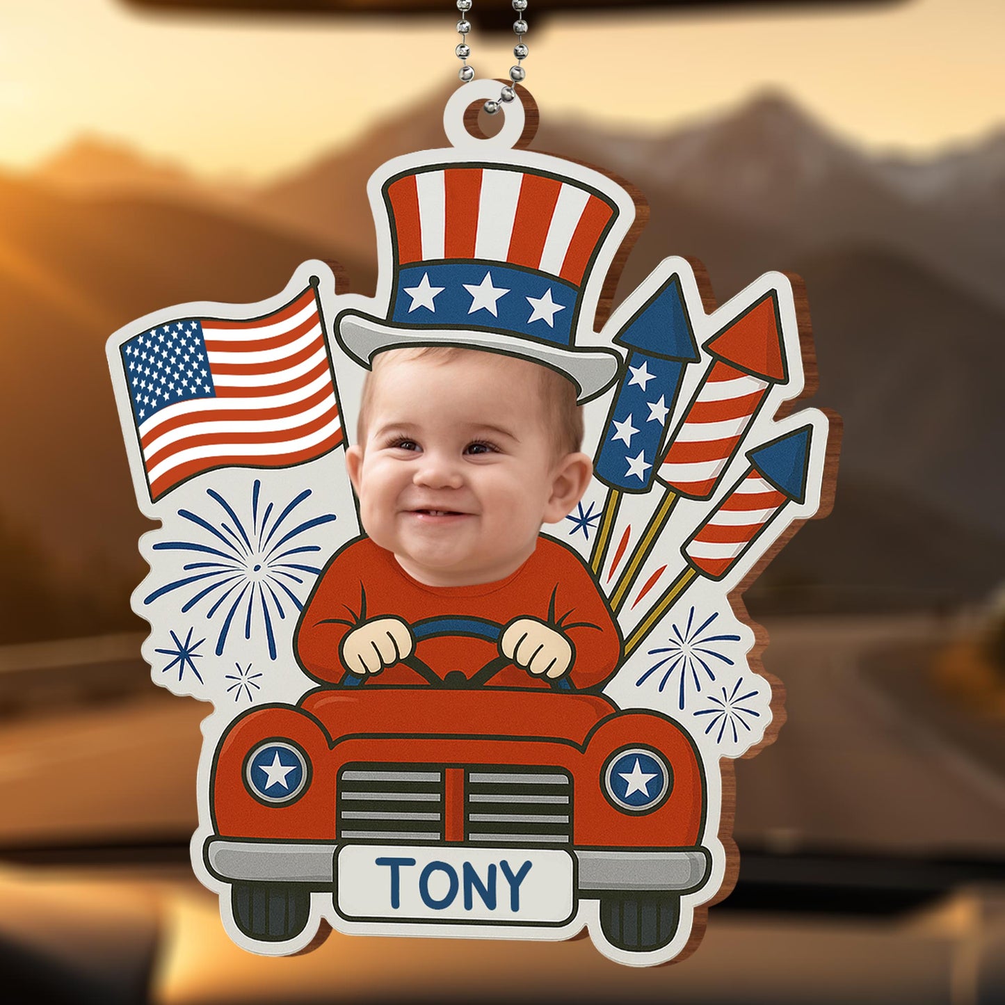Customizable Ornament With Baby, Flags, And Fireworks