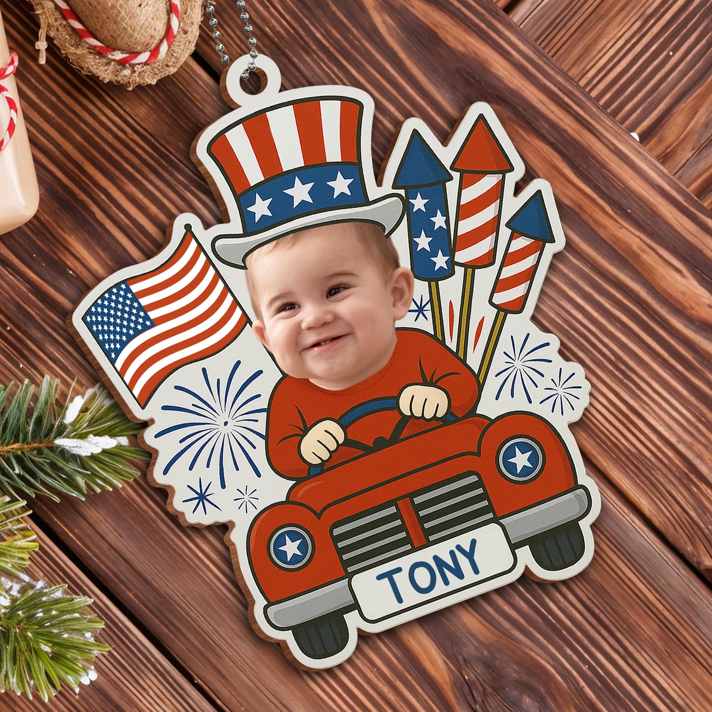 Customizable Ornament With Baby, Flags, And Fireworks