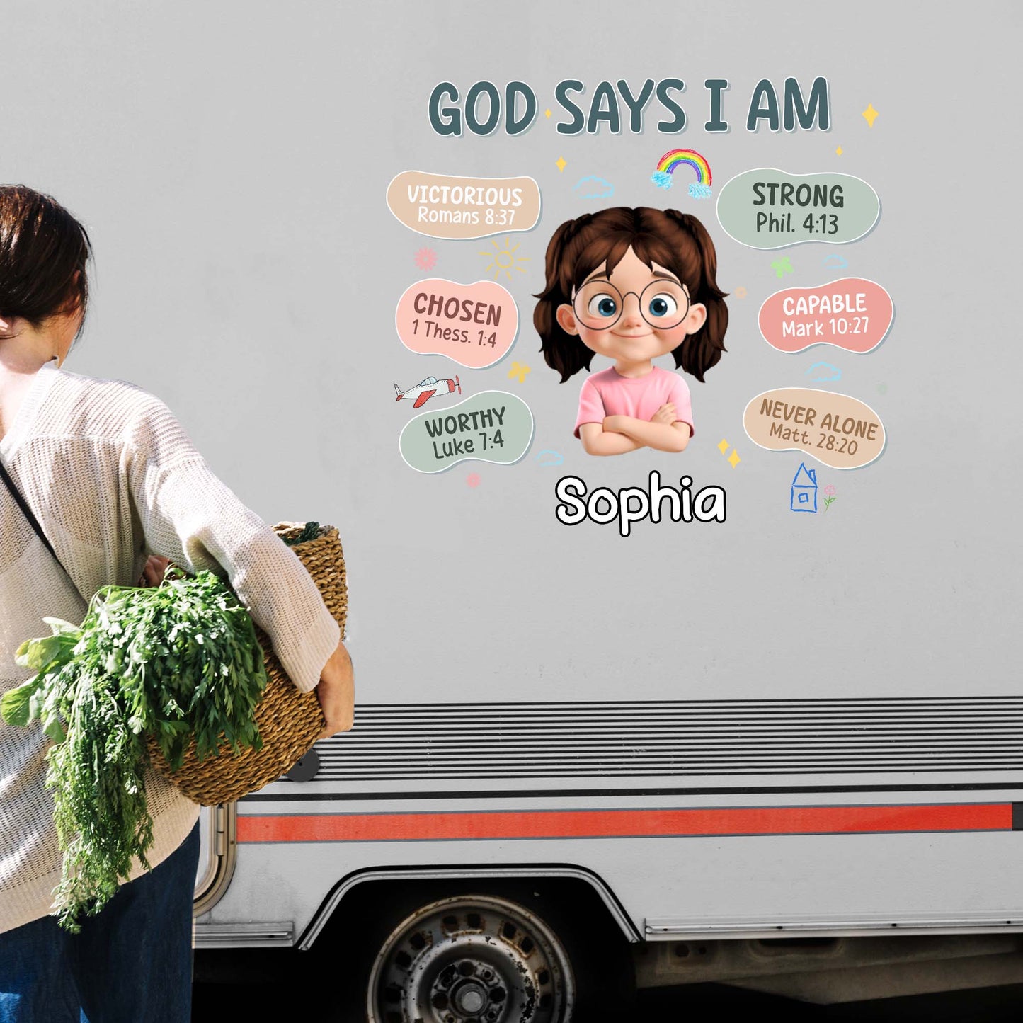 God Says I Am, Girl And Bible Verses Decal - Personalized Decor Decal - KID090_STIK