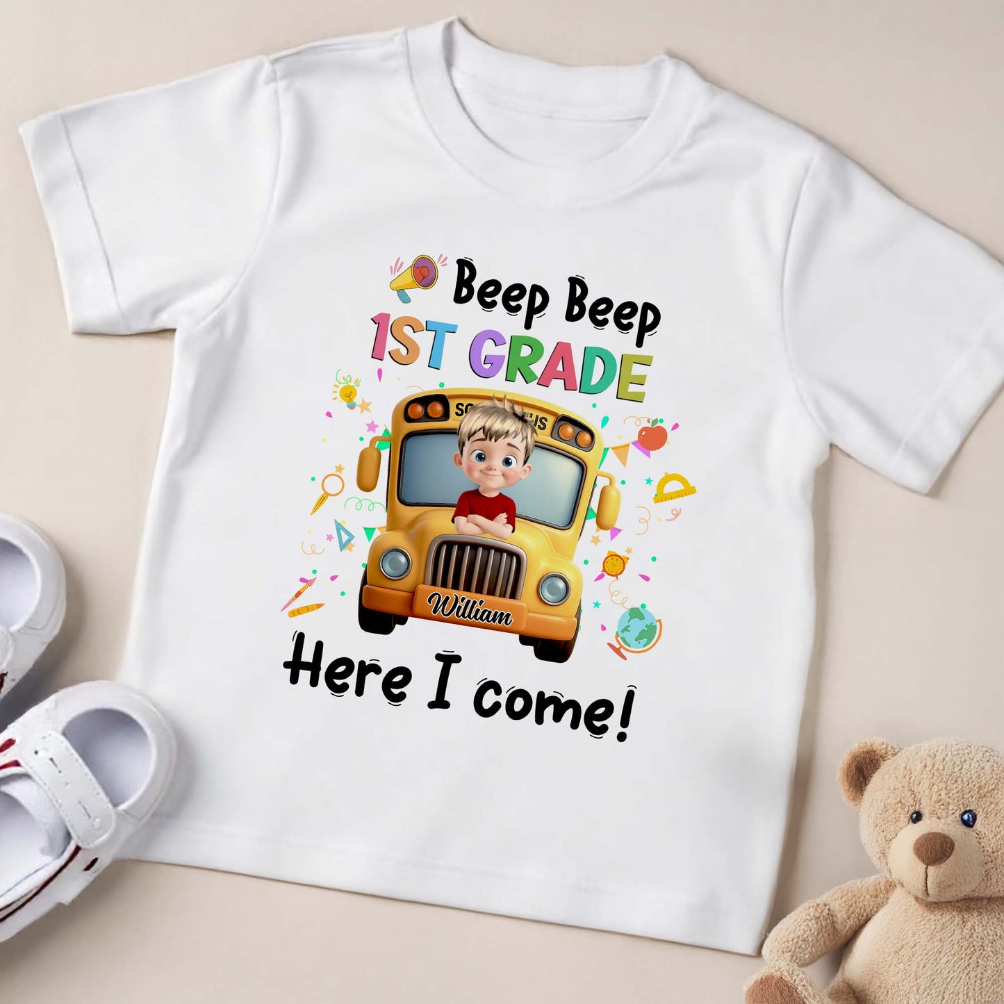 Beep Beep 1st Grade Here I Come School Bus Design - Personalized Custom Youth T-shirt - KID116_WYOU