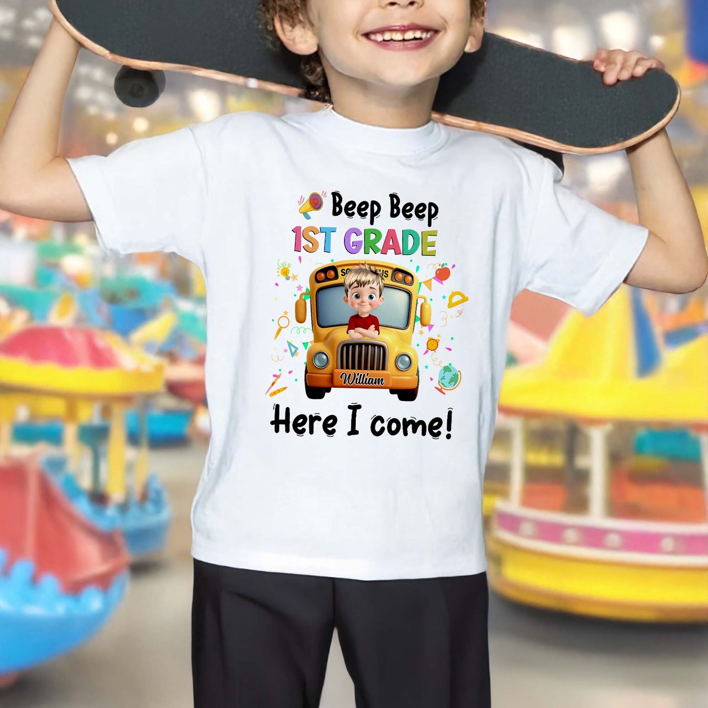 Beep Beep 1st Grade Here I Come School Bus Design - Personalized Custom Youth T-shirt - KID116_WYOU