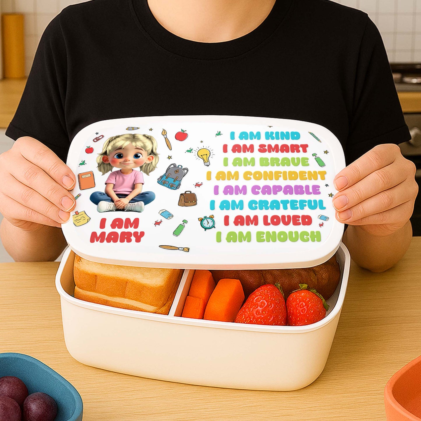 I Am Kind, Smart, Brave, Loved, School Supplies Design - Personalized Custom Kid Lunch Box - KID125_PLUBO