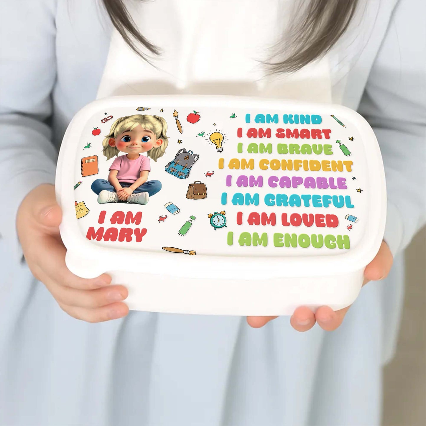 I Am Kind, Smart, Brave, Loved, School Supplies Design - Personalized Custom Kid Lunch Box - KID125_PLUBO