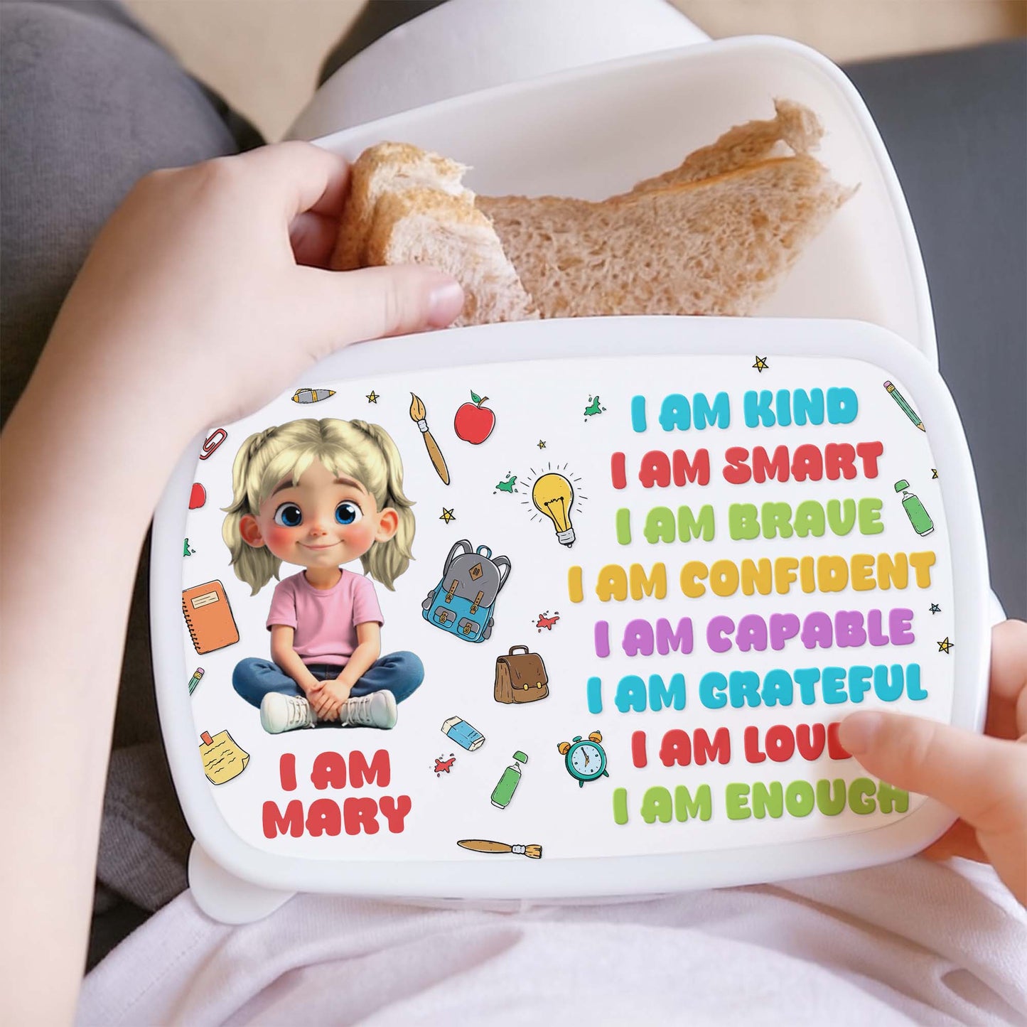 I Am Kind, Smart, Brave, Loved, School Supplies Design - Personalized Custom Kid Lunch Box - KID125_PLUBO