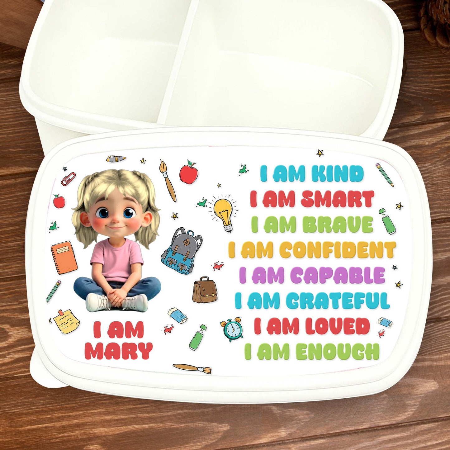 I Am Kind, Smart, Brave, Loved, School Supplies Design - Personalized Custom Kid Lunch Box - KID125_PLUBO