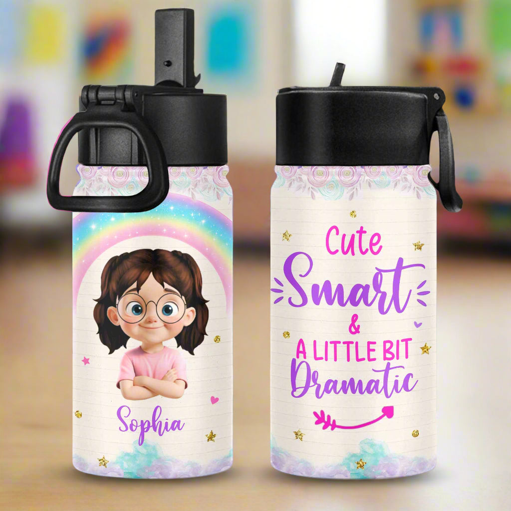 Cute, Smart & A Little Bit Dramatic Water Bottle - Personalized Kids Water Bottle With Straw Lid - KID128_KIBS