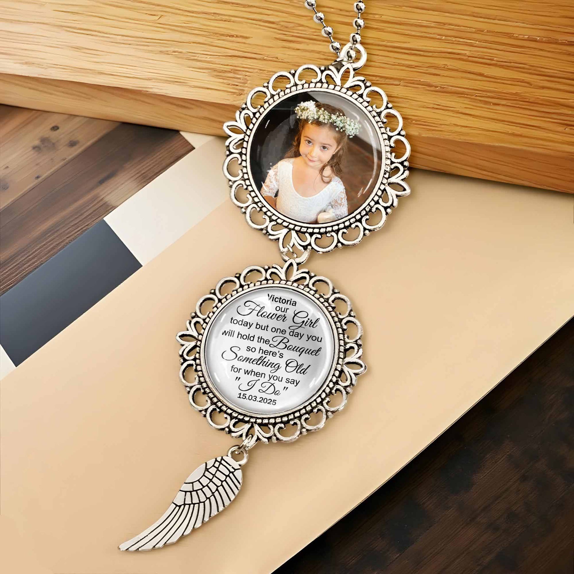 Our Flower Girl Bouquet Charm With Angel Wing
