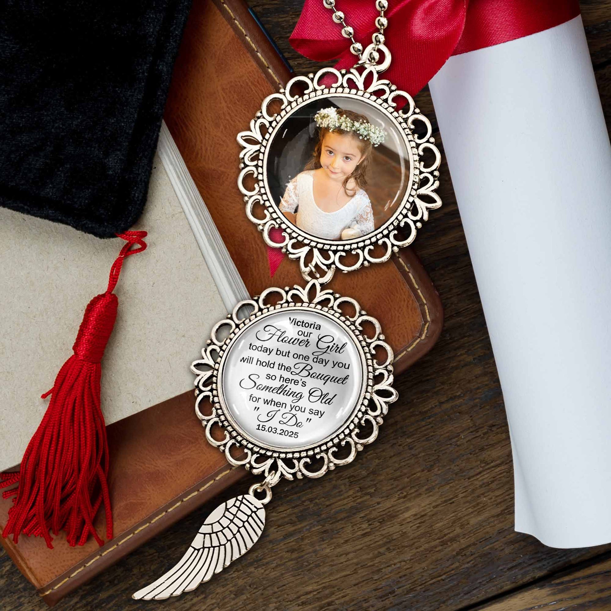 Our Flower Girl Bouquet Charm With Angel Wing