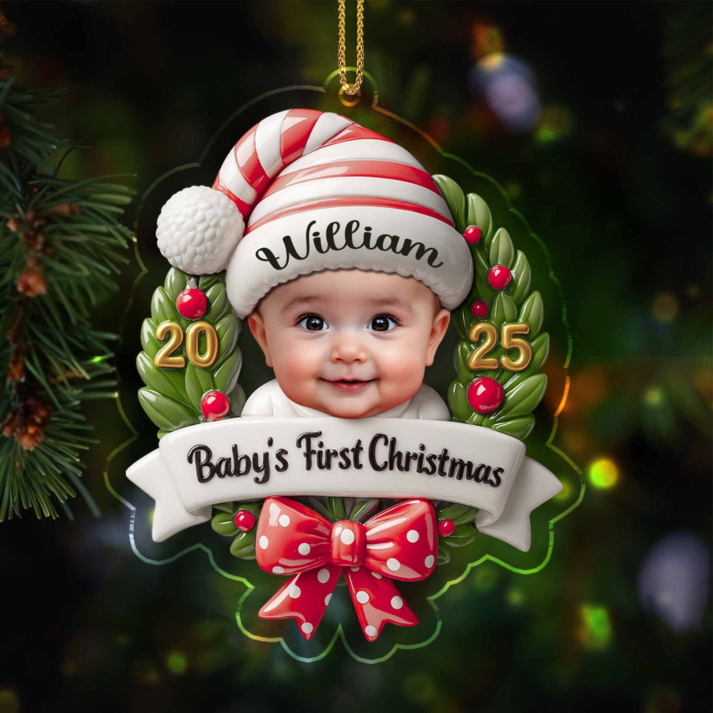 Baby's First Christmas, Baby and Christmas Wreath - Personalized Custom Acrylic Ornament, Christmas Gift - KID152_ACO