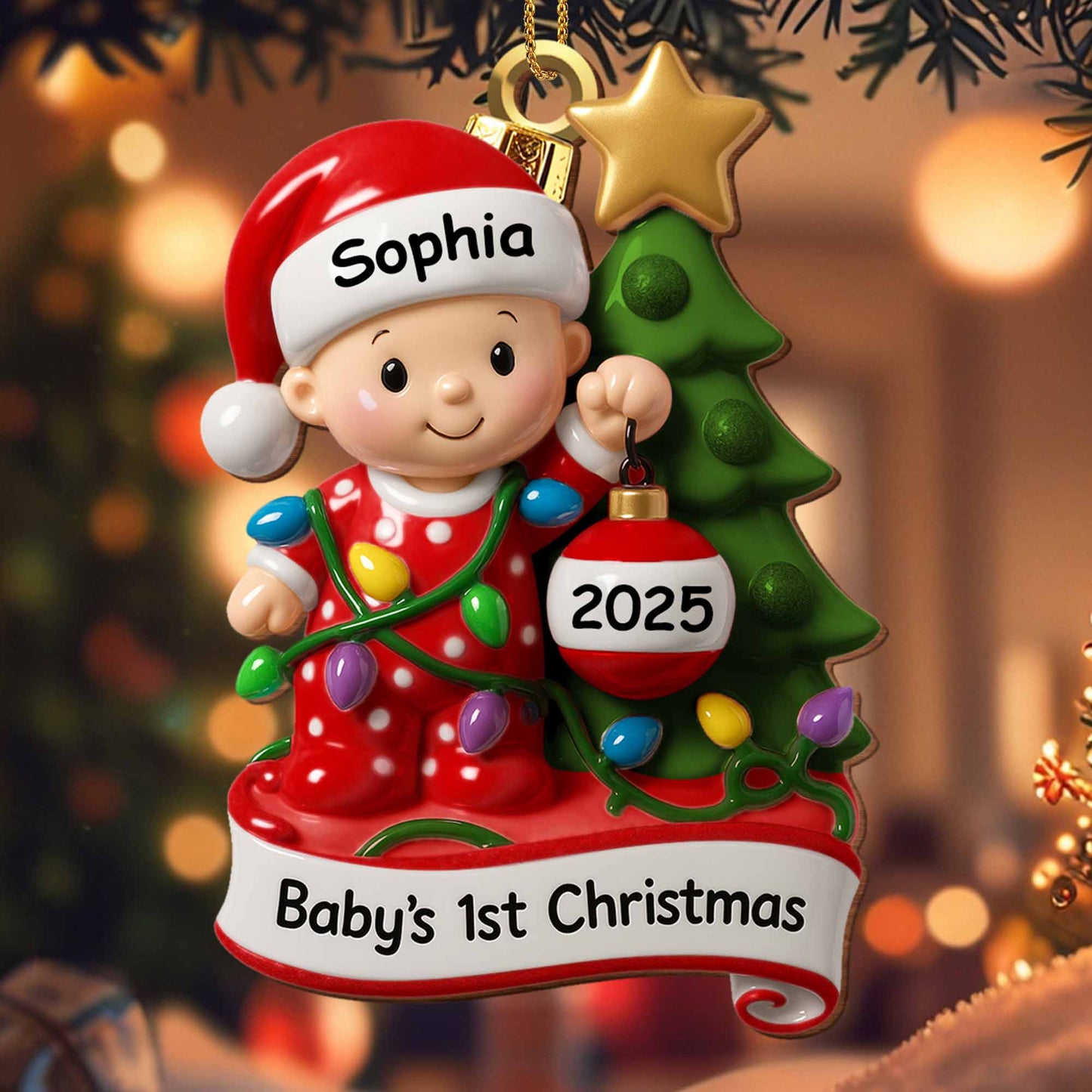 Baby's 1st Christmas With Festive Tree And Lights - Personalized Custom Wood Ornament, Custom Shaped - KID156_WDO