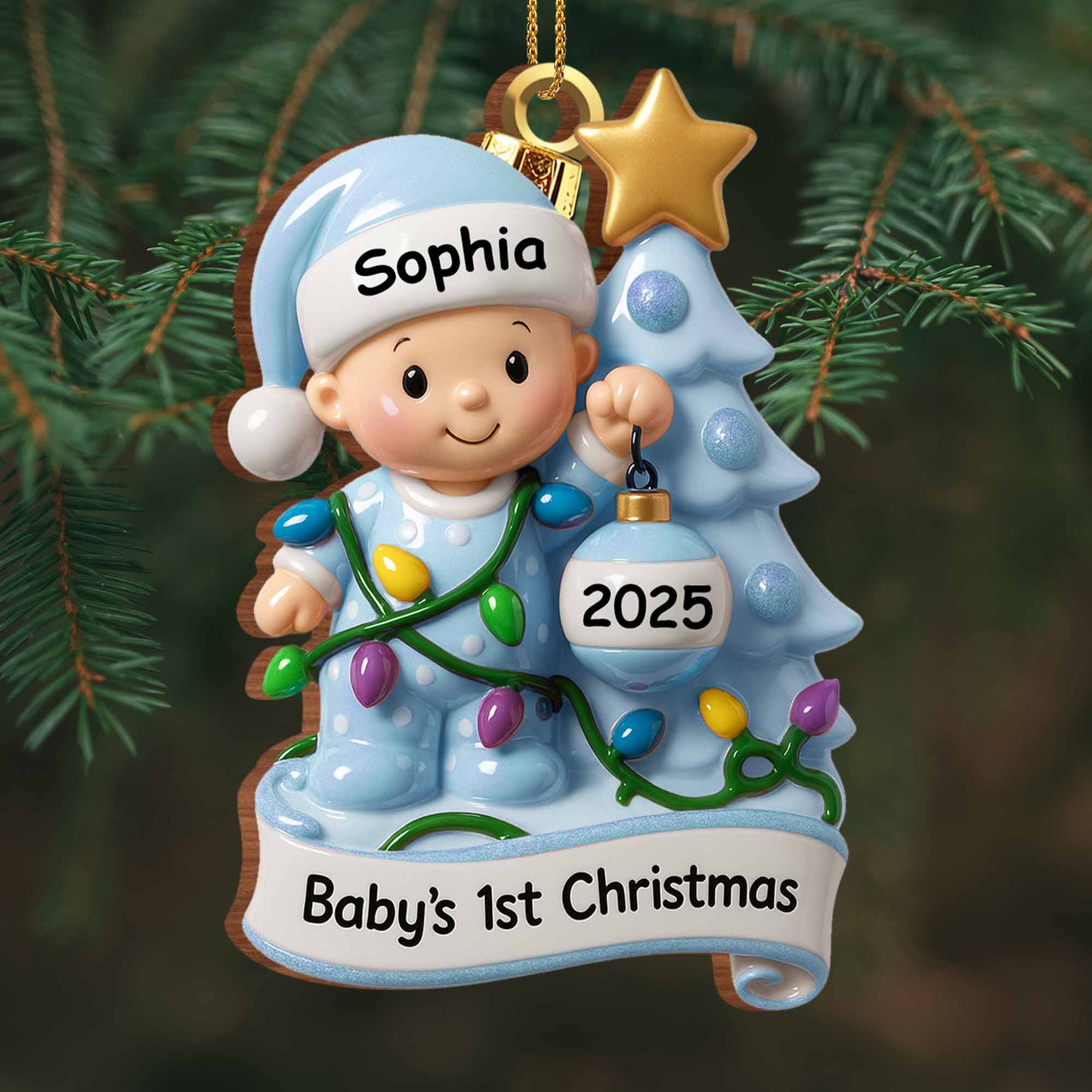 Baby's 1st Christmas With Festive Tree And Lights - Personalized Custom Wood Ornament, Custom Shaped - KID156_WDO