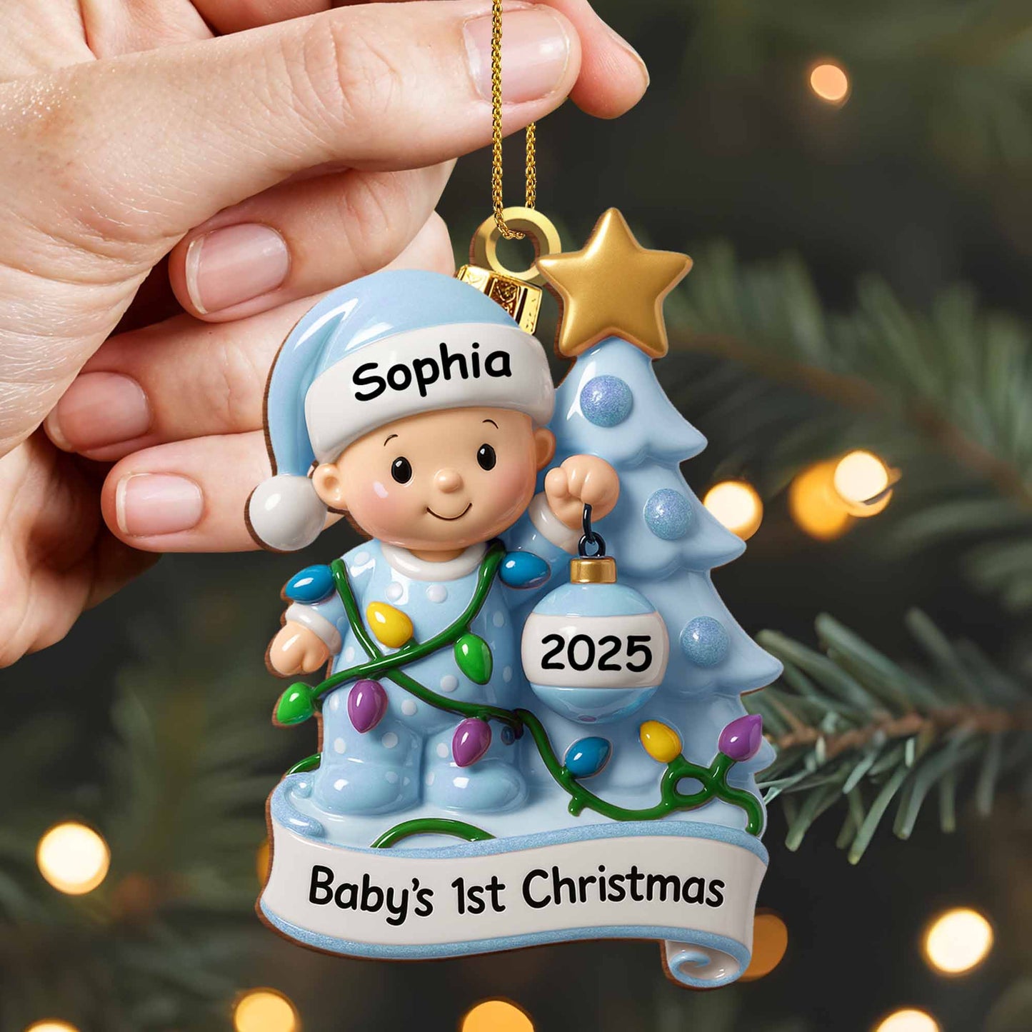 Baby's 1st Christmas With Festive Tree And Lights - Personalized Custom Wood Ornament, Custom Shaped - KID156_WDO