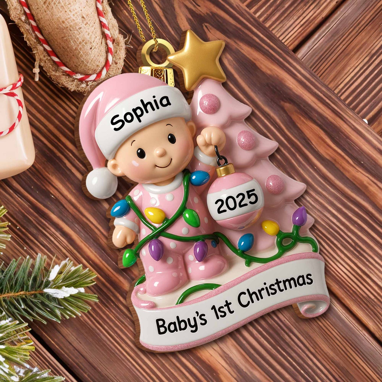 Baby's 1st Christmas With Festive Tree And Lights - Personalized Custom Wood Ornament, Custom Shaped - KID156_WDO