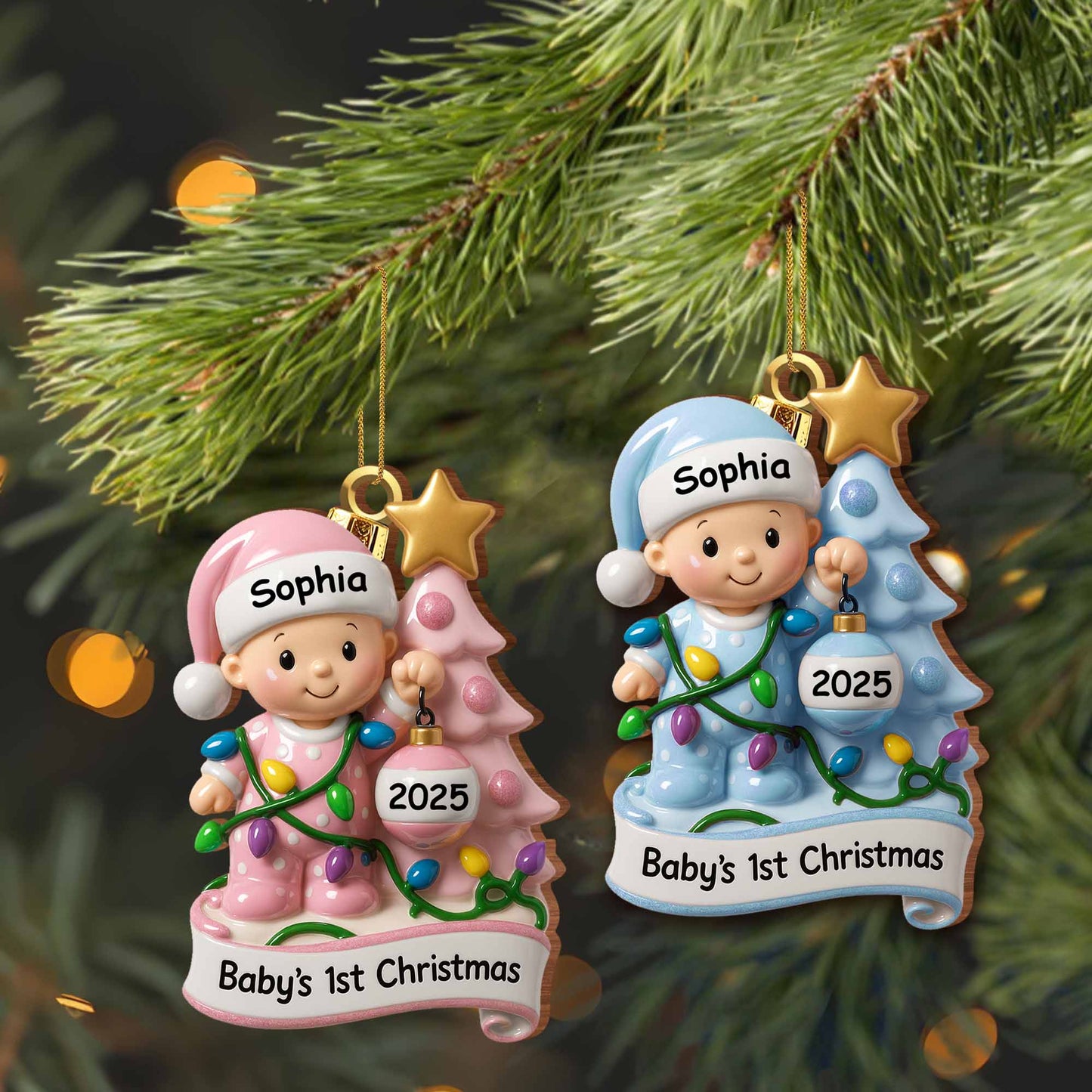 Baby's 1st Christmas With Festive Tree And Lights - Personalized Custom Wood Ornament, Custom Shaped - KID156_WDO