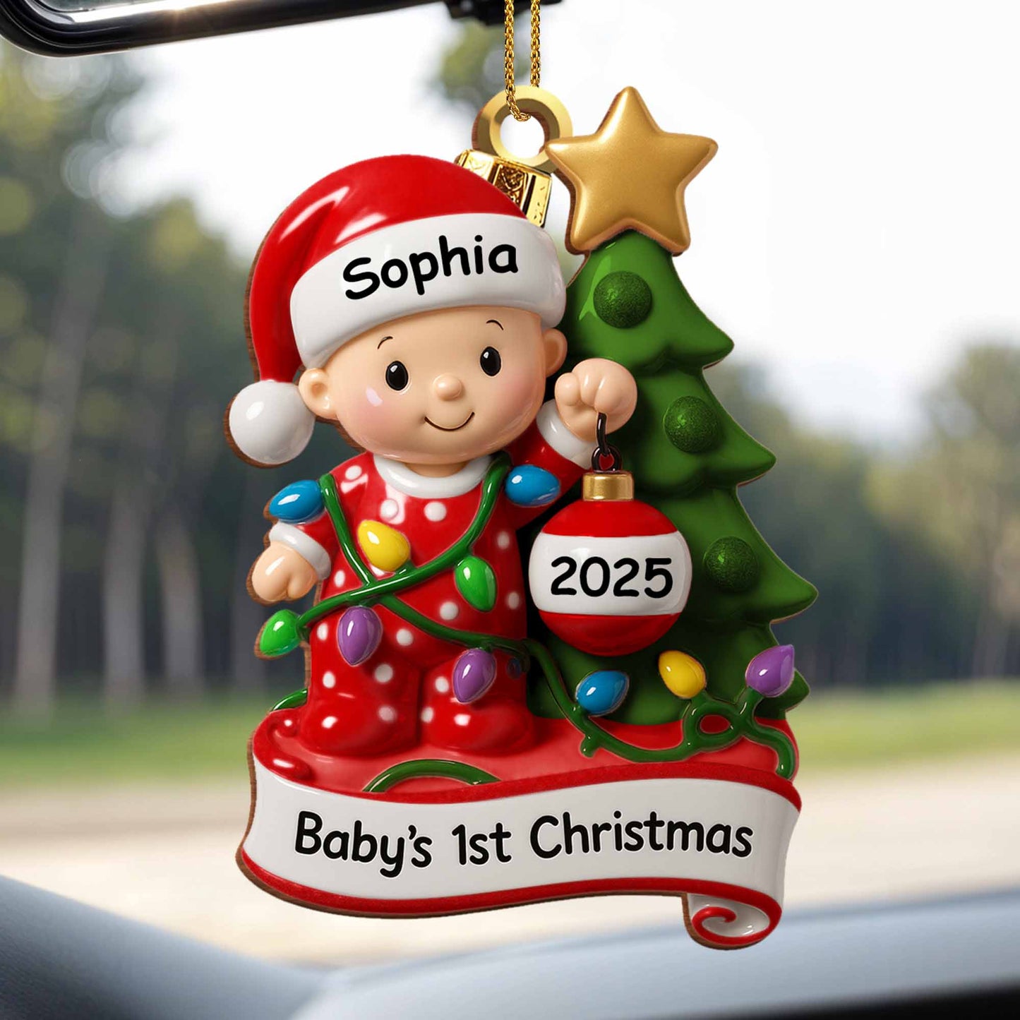 Baby's 1st Christmas With Festive Tree And Lights - Personalized Custom Wood Ornament, Custom Shaped - KID156_WDO