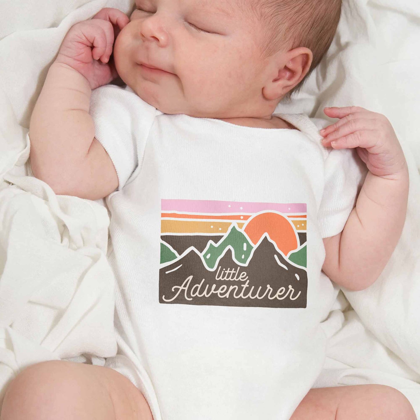 Little Adventurer Baby Onesie With Mountain And Sun Design