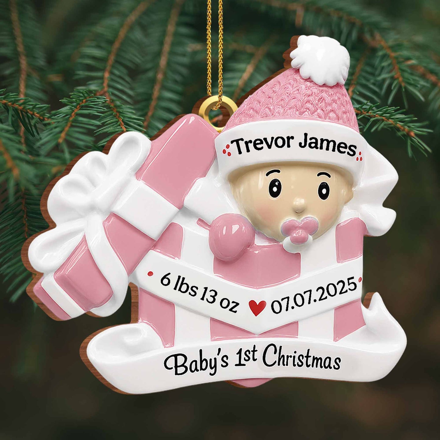 Premier Noël de bébé, coffret cadeau et bonnet de Noël – Décoration en bois personnalisée, forme personnalisée – KID165_WDO