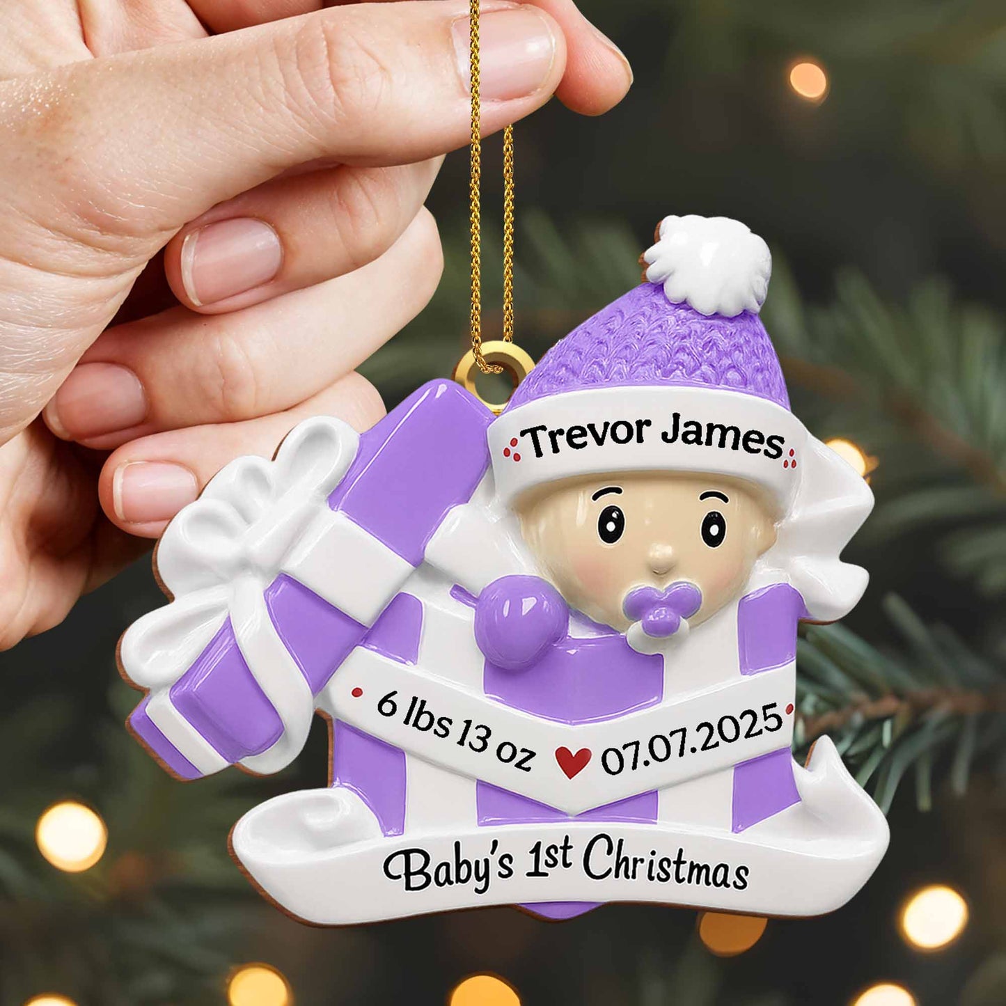Premier Noël de bébé, coffret cadeau et bonnet de Noël – Décoration en bois personnalisée, forme personnalisée – KID165_WDO