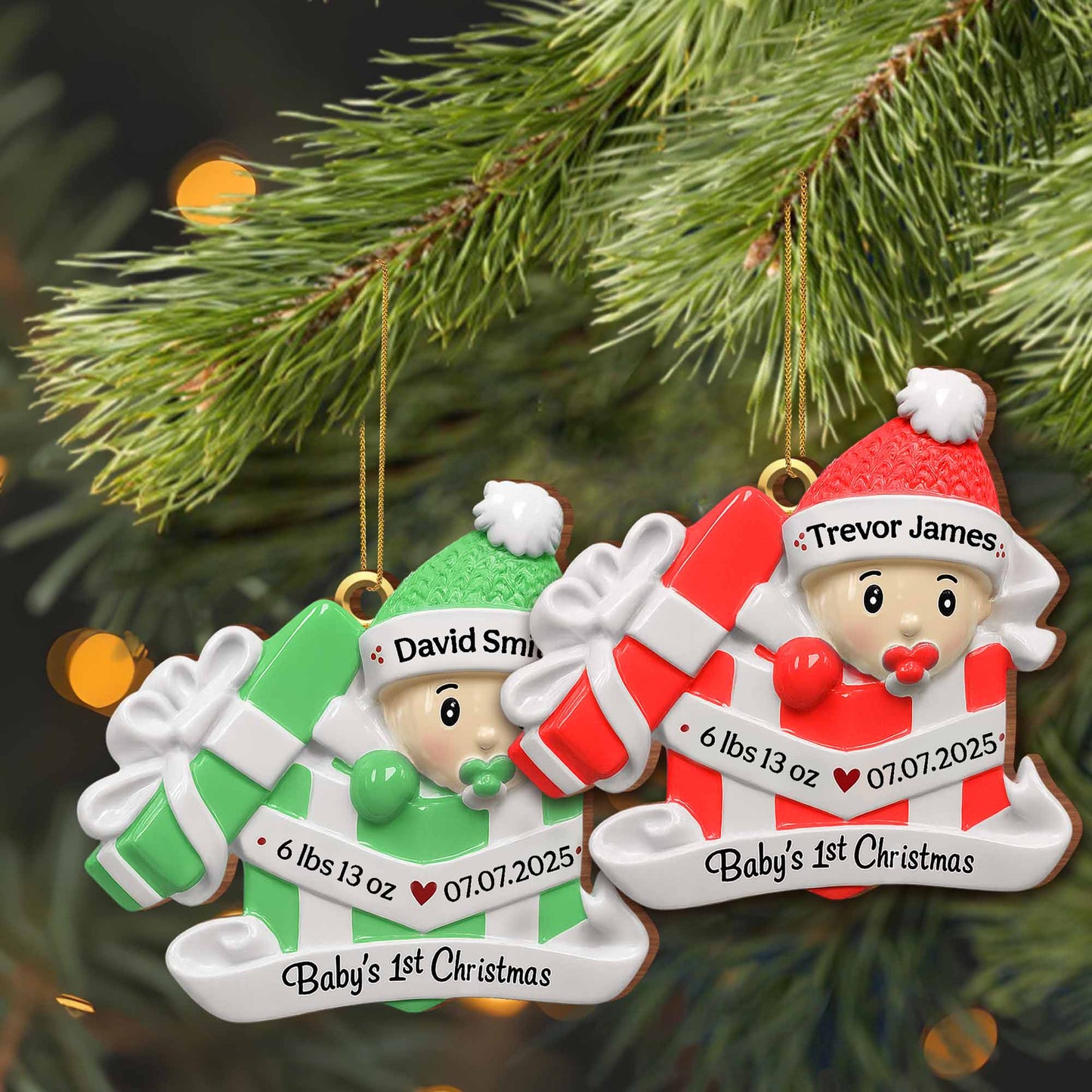 Premier Noël de bébé, coffret cadeau et bonnet de Noël – Décoration en bois personnalisée, forme personnalisée – KID165_WDO