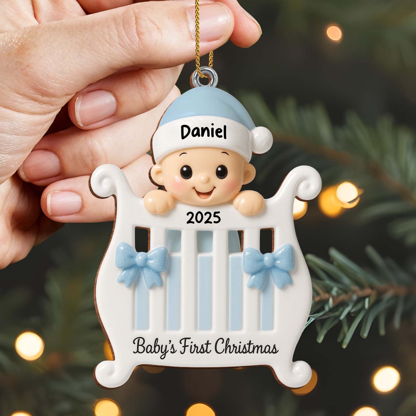 Baby's First Christmas With Crib and Bows - Personalized Custom Wood Ornament, Custom Shaped - KID179_WDO