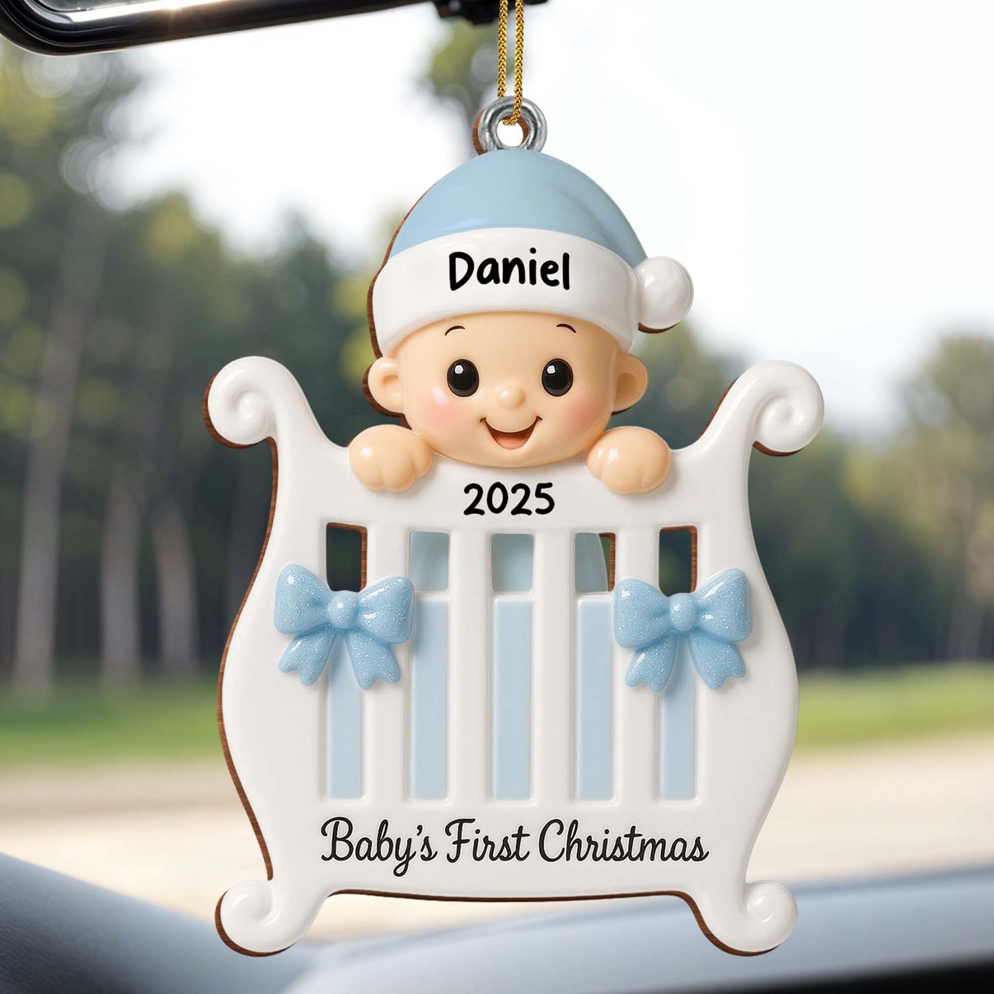 Baby's First Christmas With Crib and Bows - Personalized Custom Wood Ornament, Custom Shaped - KID179_WDO