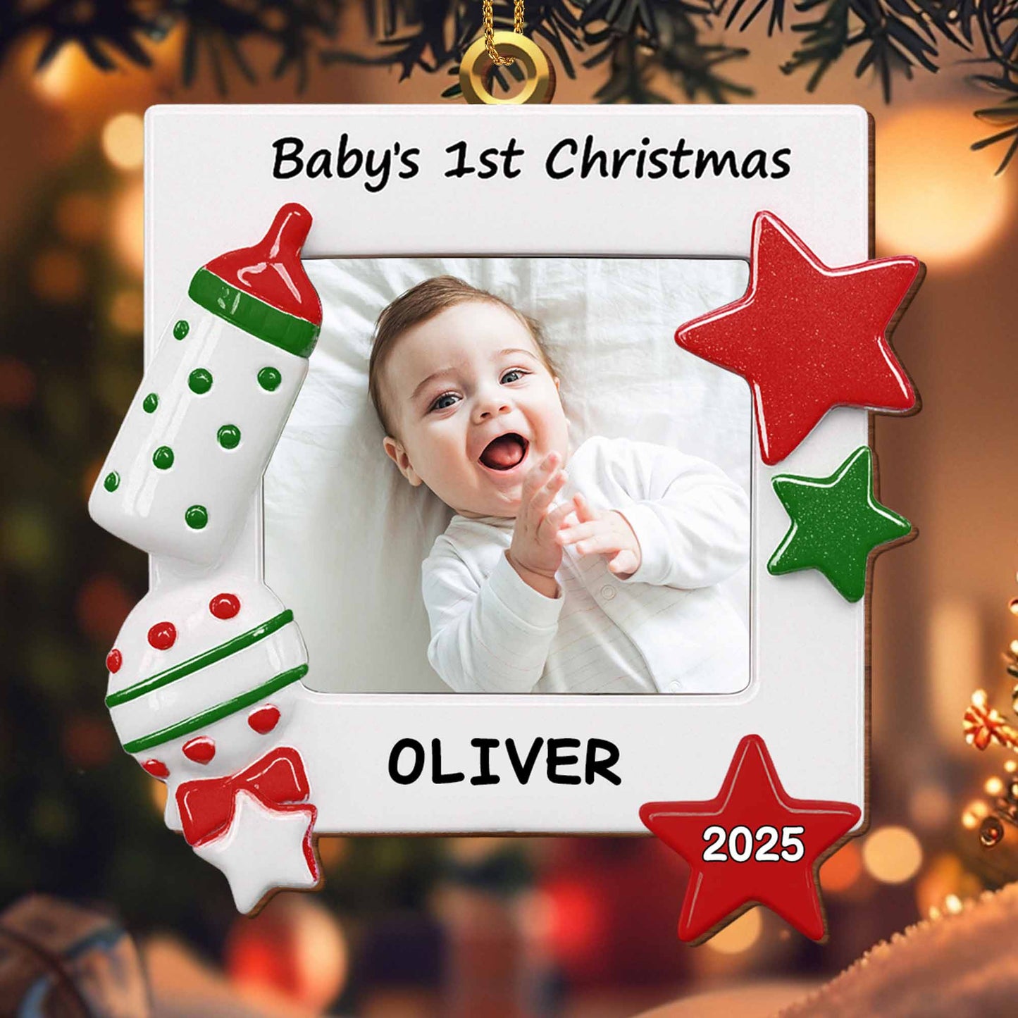 Celebrate Your Little One's First Christmas Baby Bottle and Stars - Personalized Custom Wood Ornament, Custom Shaped - KID182_WDO
