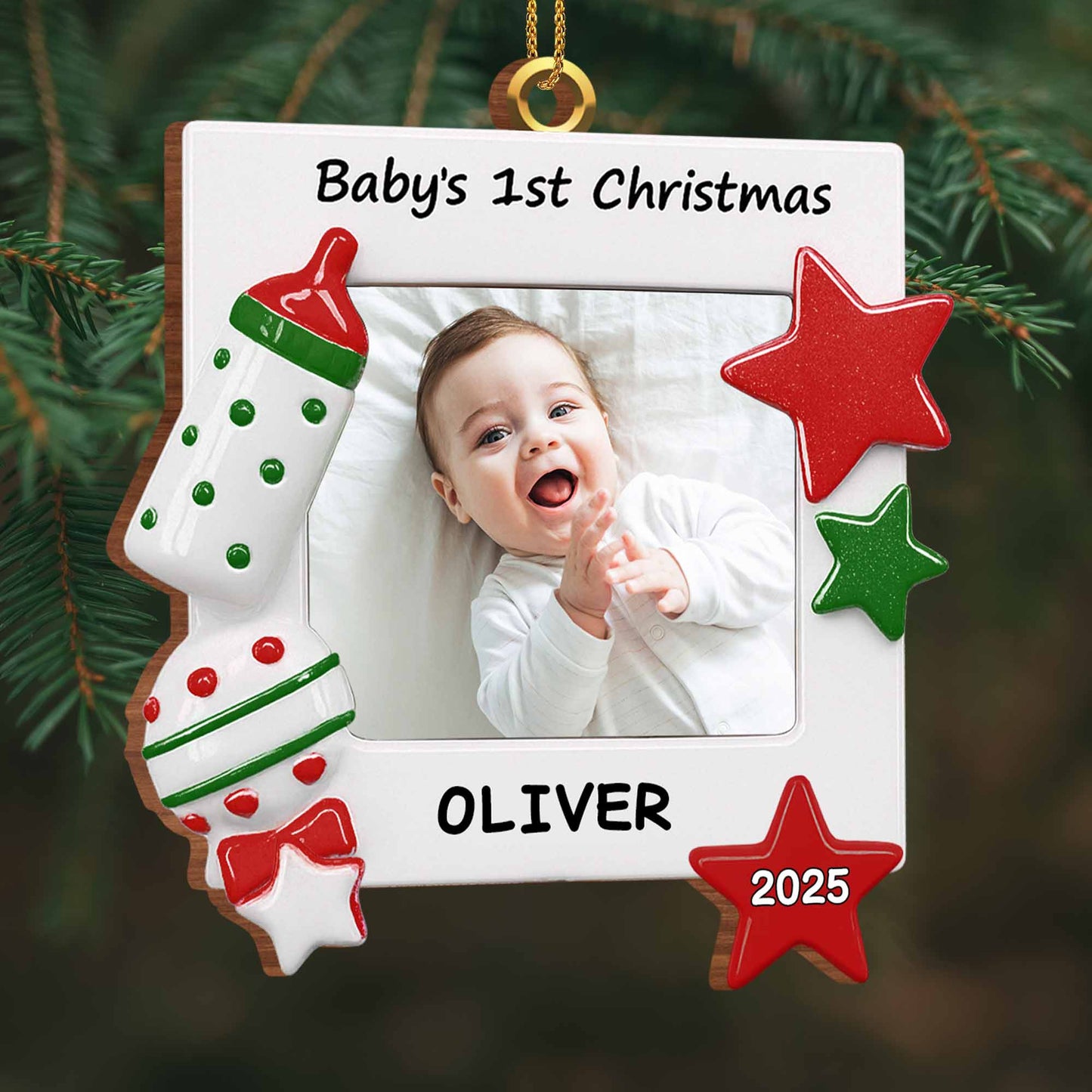 Celebrate Your Little One's First Christmas Baby Bottle and Stars - Personalized Custom Wood Ornament, Custom Shaped - KID182_WDO
