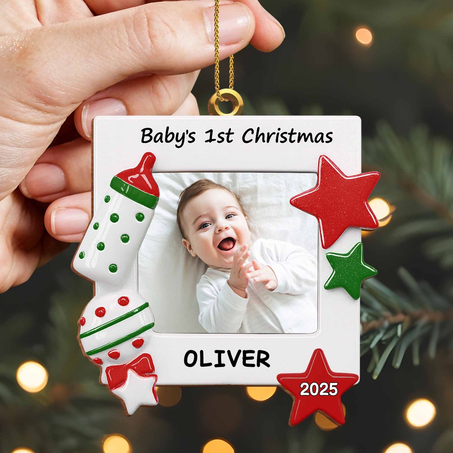 Celebrate Your Little One's First Christmas Baby Bottle and Stars - Personalized Custom Wood Ornament, Custom Shaped - KID182_WDO