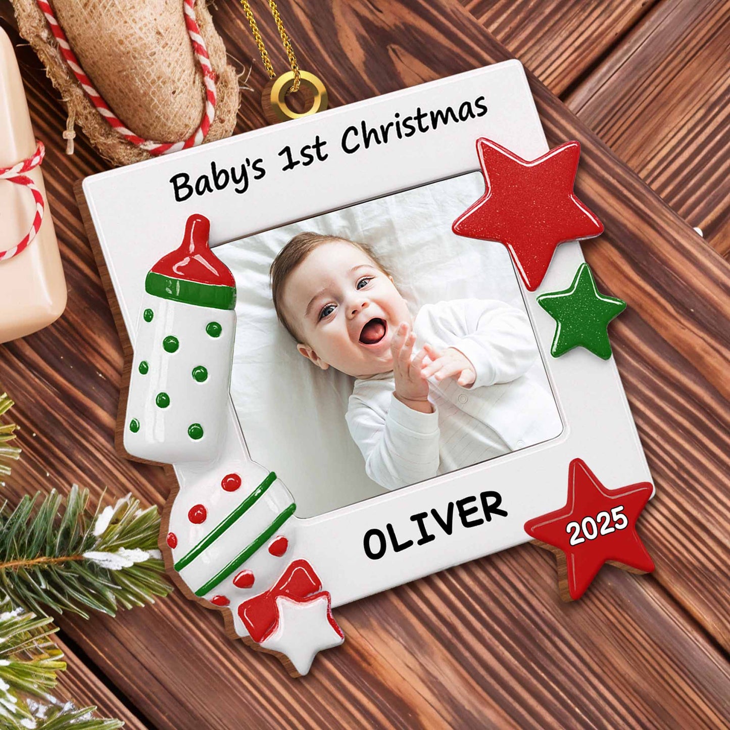 Celebrate Your Little One's First Christmas Baby Bottle and Stars - Personalized Custom Wood Ornament, Custom Shaped - KID182_WDO