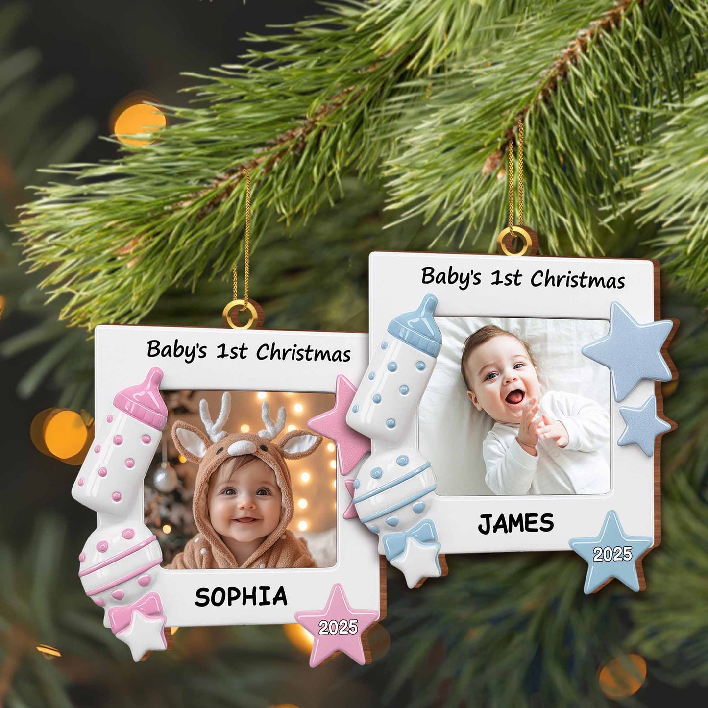 Celebrate Your Little One's First Christmas Baby Bottle and Stars - Personalized Custom Wood Ornament, Custom Shaped - KID182_WDO