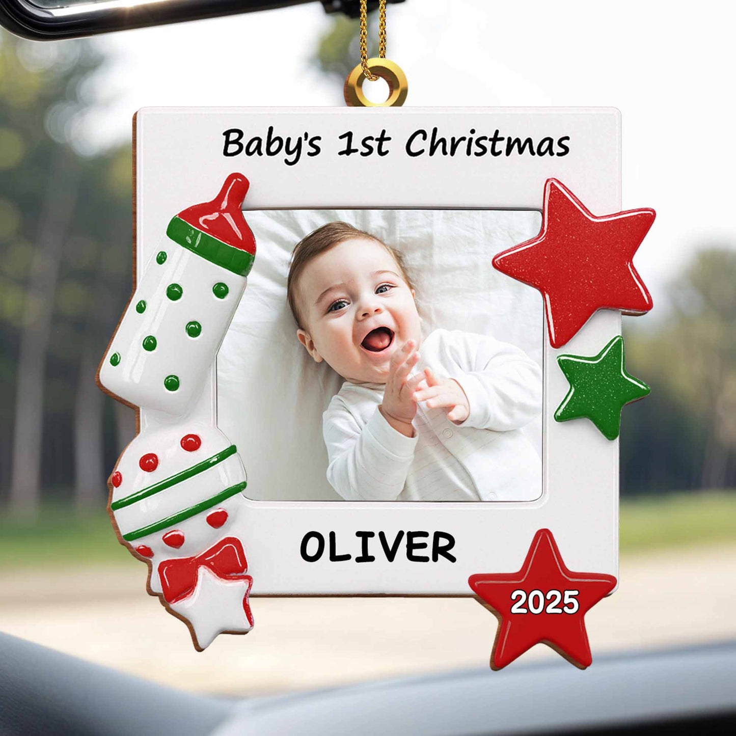 Celebrate Your Little One's First Christmas Baby Bottle and Stars - Personalized Custom Wood Ornament, Custom Shaped - KID182_WDO
