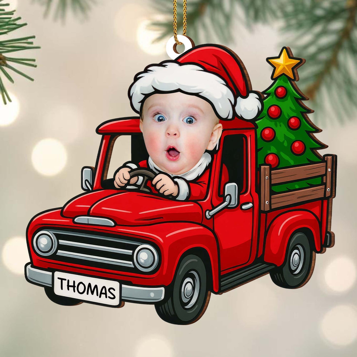 Holiday Cheer Delivered With A Baby In Red Truck - Personalized Custom Wood Ornament, Custom Shaped - KID200_WDO