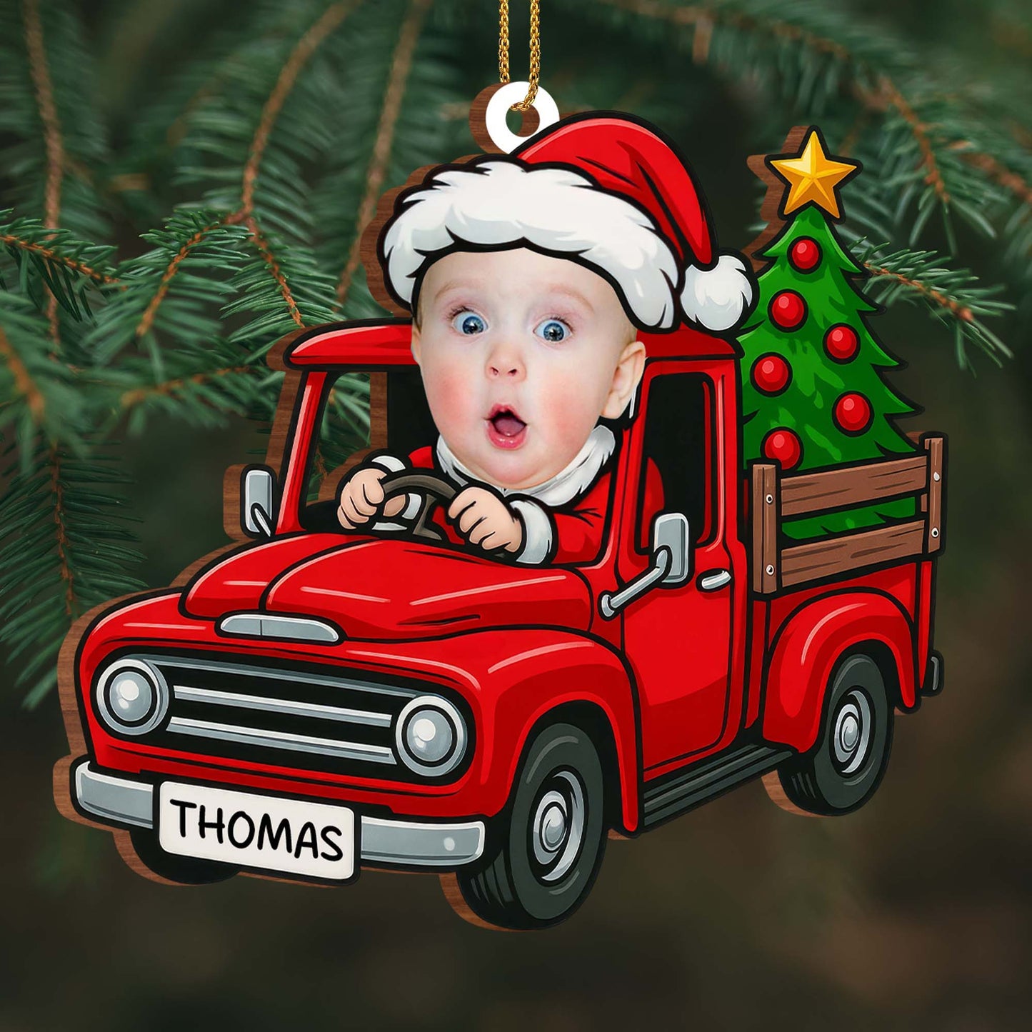 Holiday Cheer Delivered With A Baby In Red Truck - Personalized Custom Wood Ornament, Custom Shaped - KID200_WDO