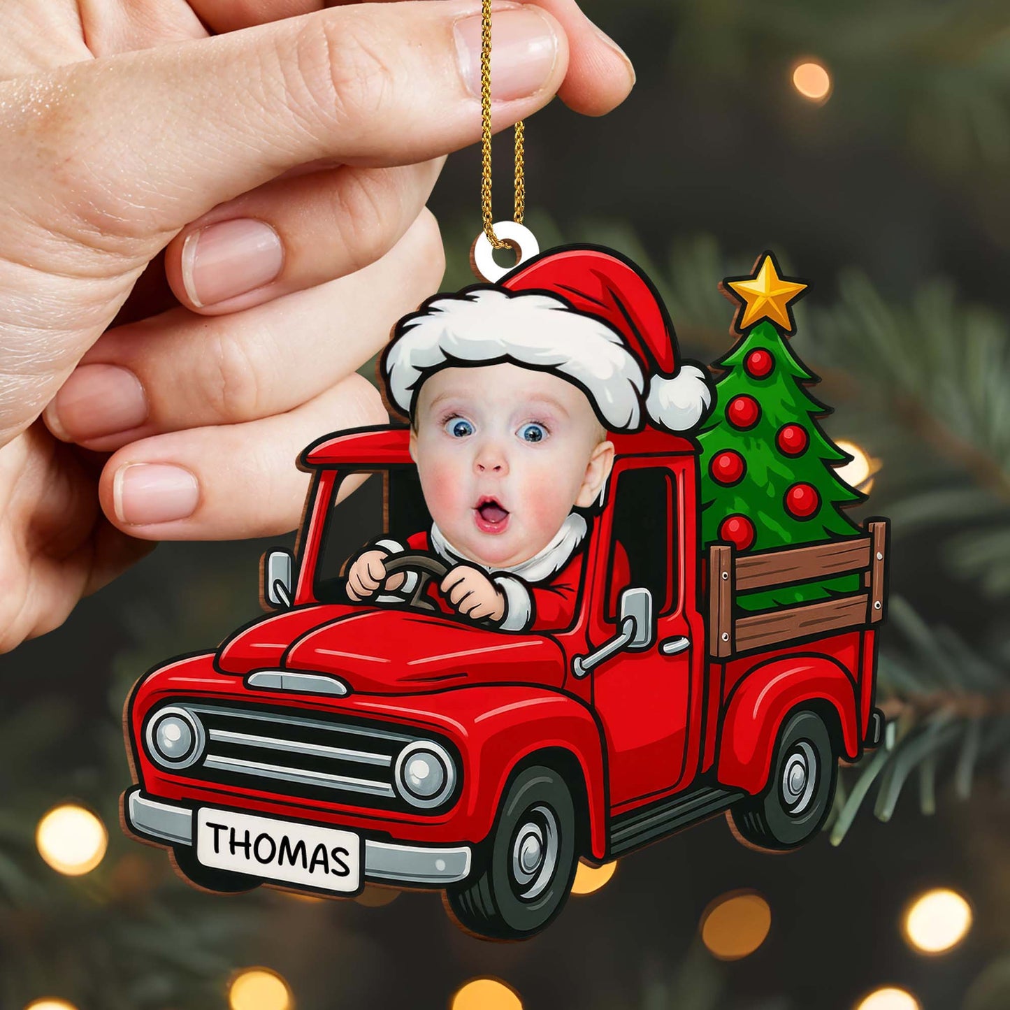Holiday Cheer Delivered With A Baby In Red Truck - Personalized Custom Wood Ornament, Custom Shaped - KID200_WDO