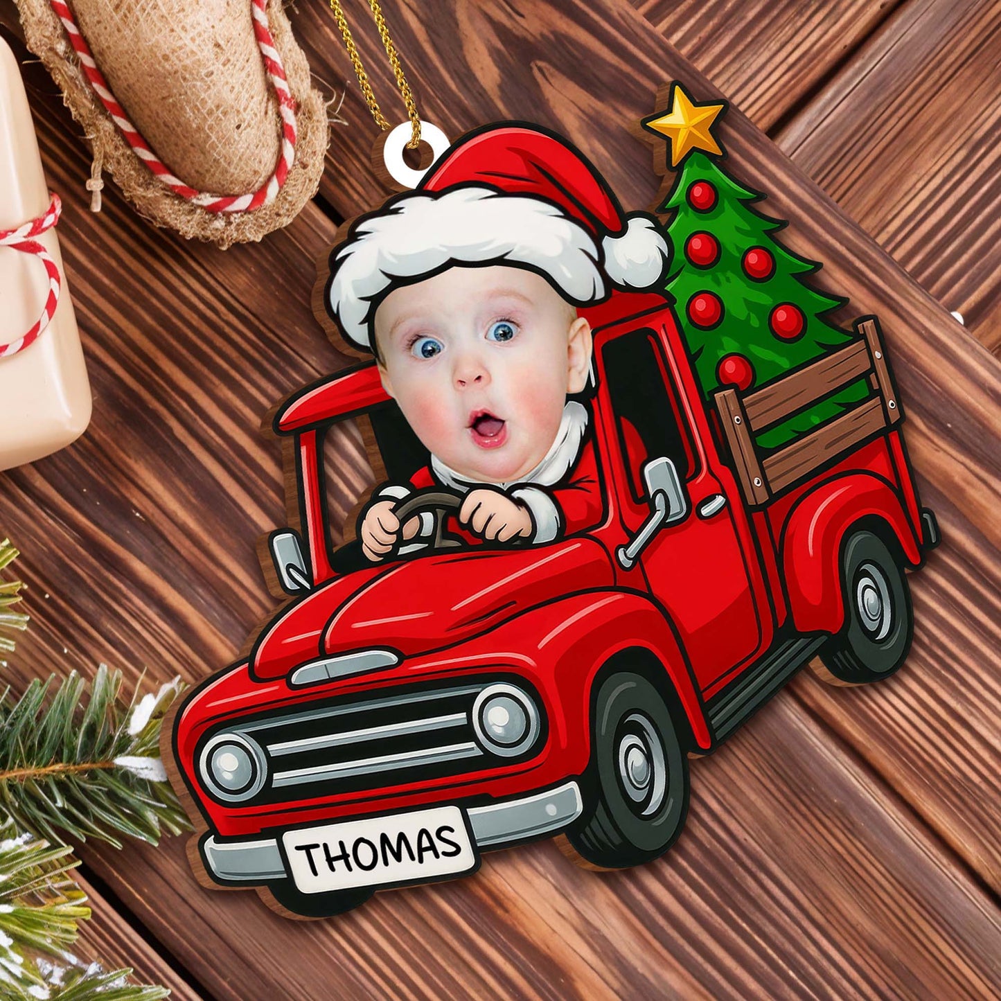 Holiday Cheer Delivered With A Baby In Red Truck - Personalized Custom Wood Ornament, Custom Shaped - KID200_WDO