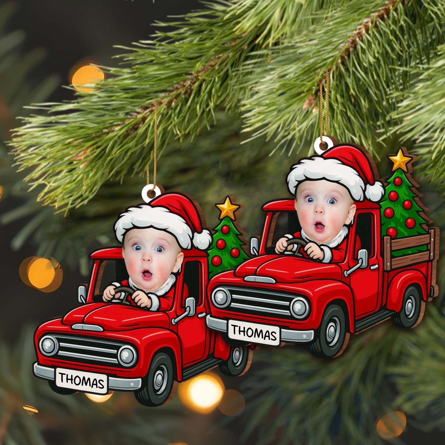 Holiday Cheer Delivered With A Baby In Red Truck - Personalized Custom Wood Ornament, Custom Shaped - KID200_WDO