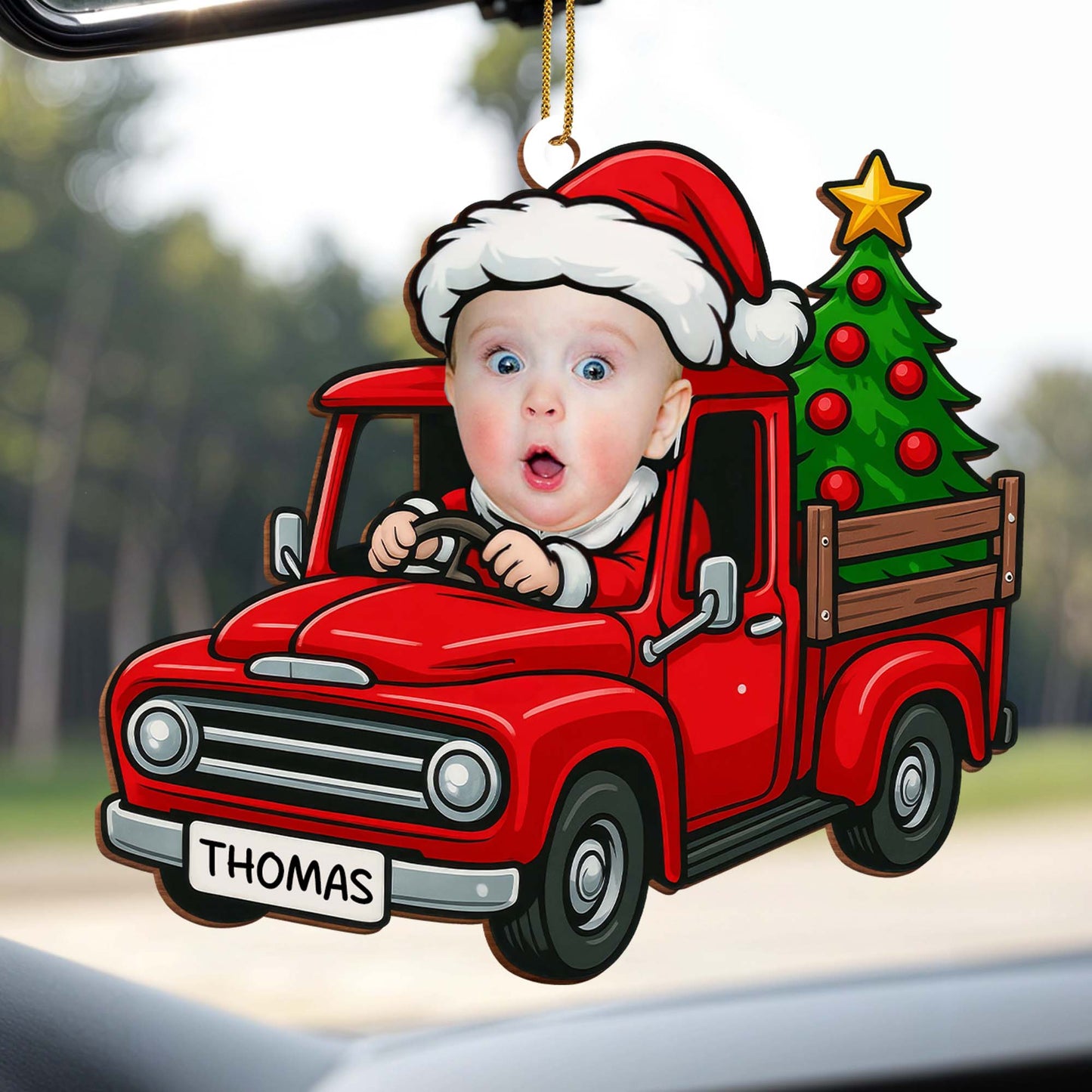 Holiday Cheer Delivered With A Baby In Red Truck - Personalized Custom Wood Ornament, Custom Shaped - KID200_WDO