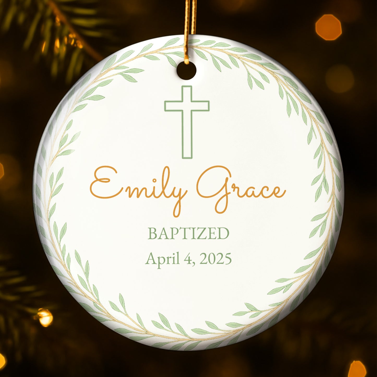 Baptized, Beautiful Keepsake With Cross And Leaves - Personalized Custom Ceramic Ornament With Round Shape - KID214_RCE