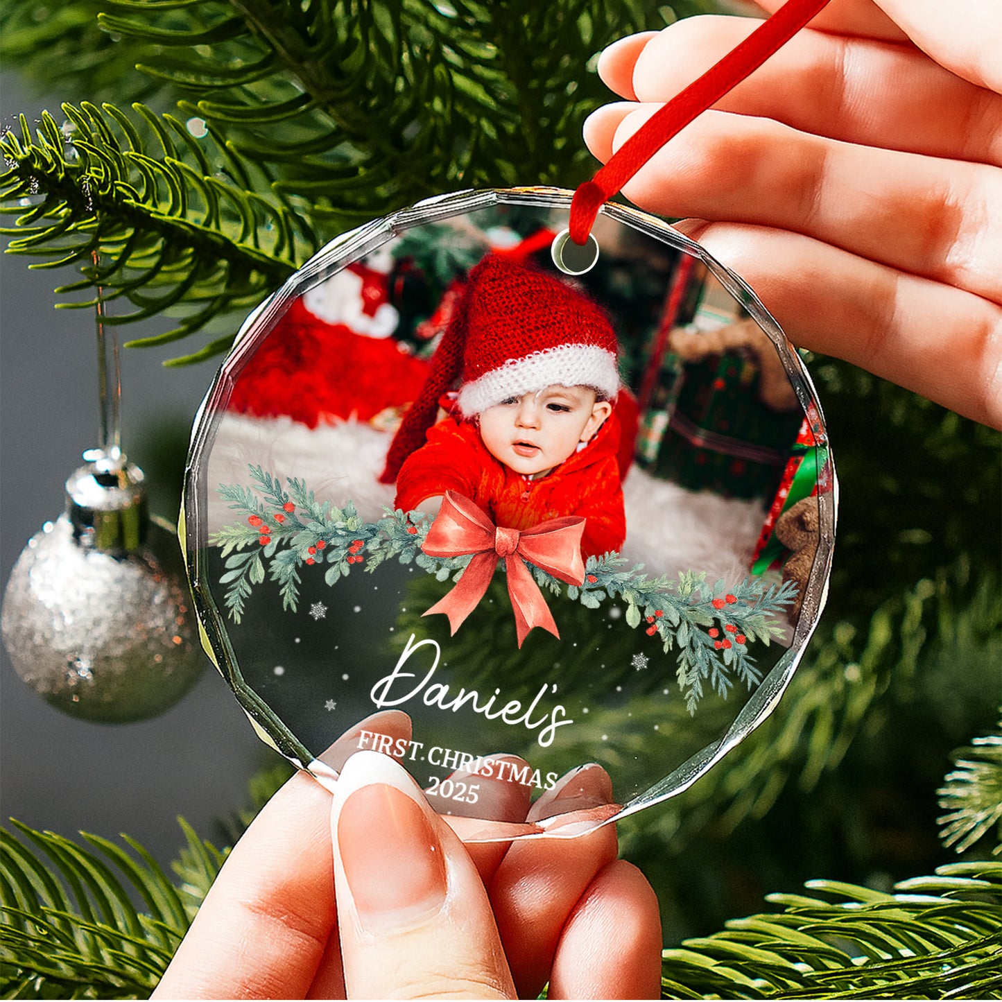 First Christmas With Adorable Santa Hat And Red Bow